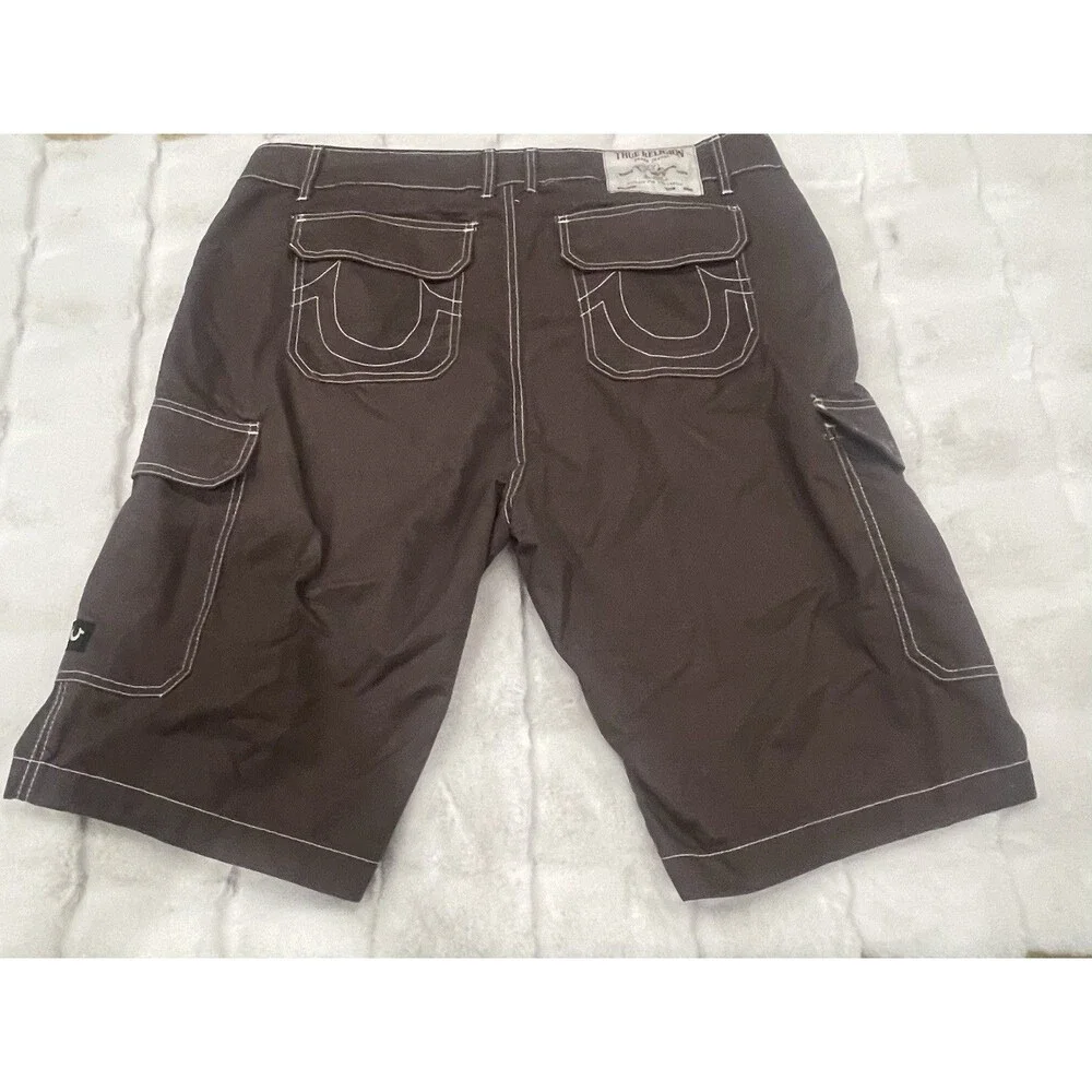 True Religion Cargo Shorts Brown Cotton Canvas Contrast Stitching Utility Men 38